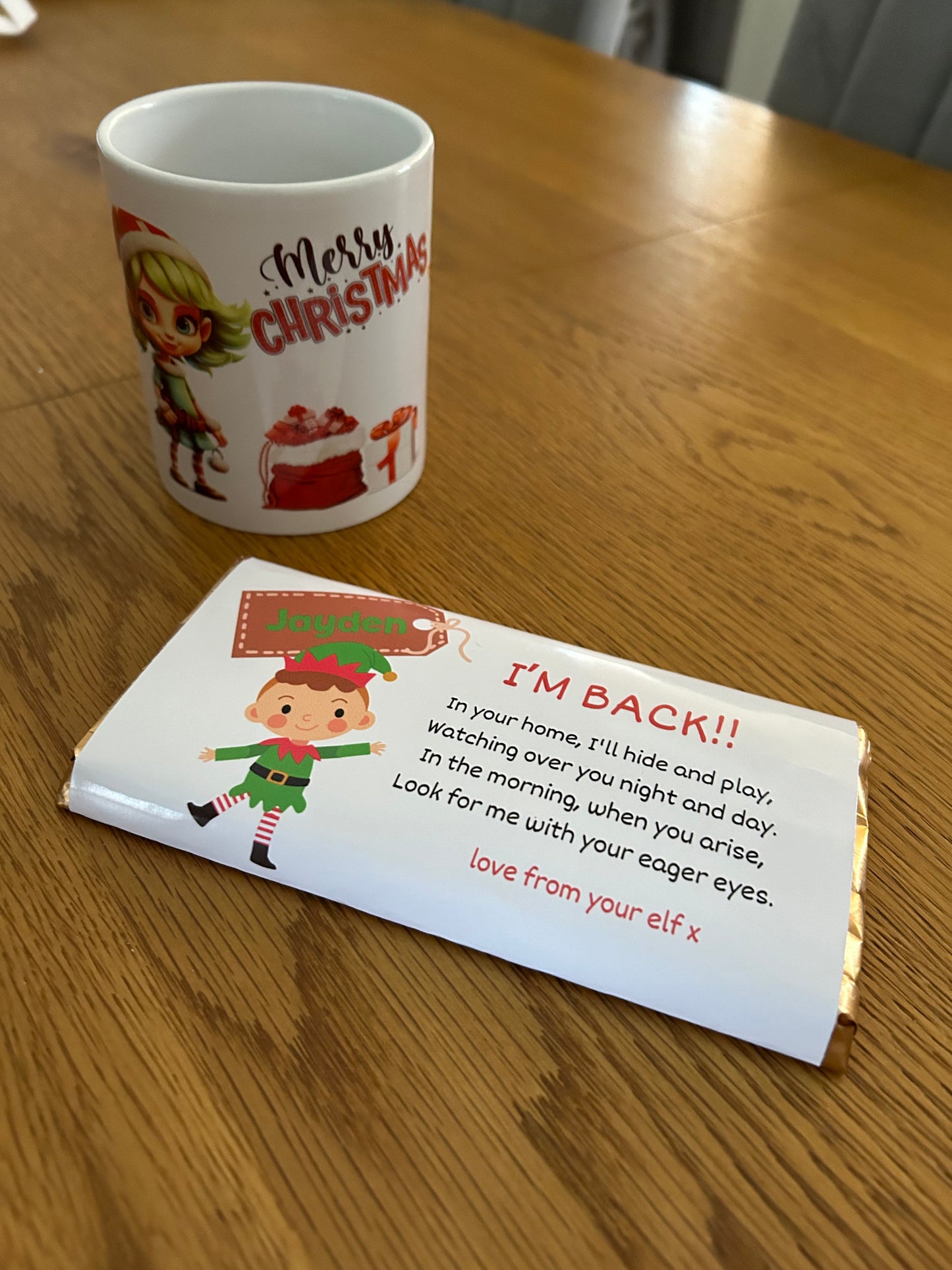 Elf Mug & Personalised Chocolate Bar Set