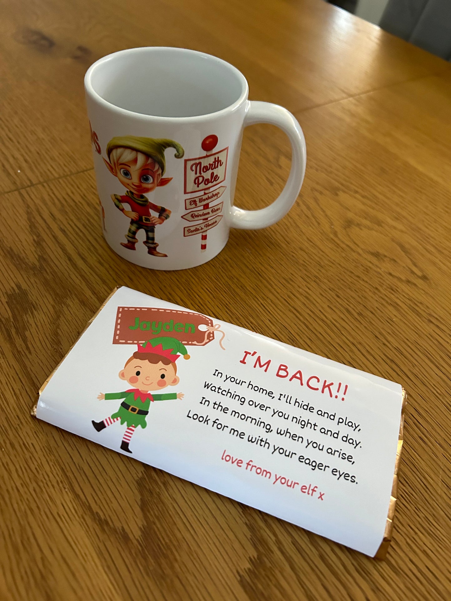 Elf Mug & Personalised Chocolate Bar Set