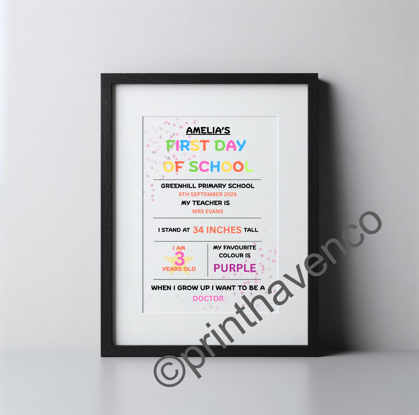 FIRST DAY OF SCHOOL - Personalised Print (Unframed Print)