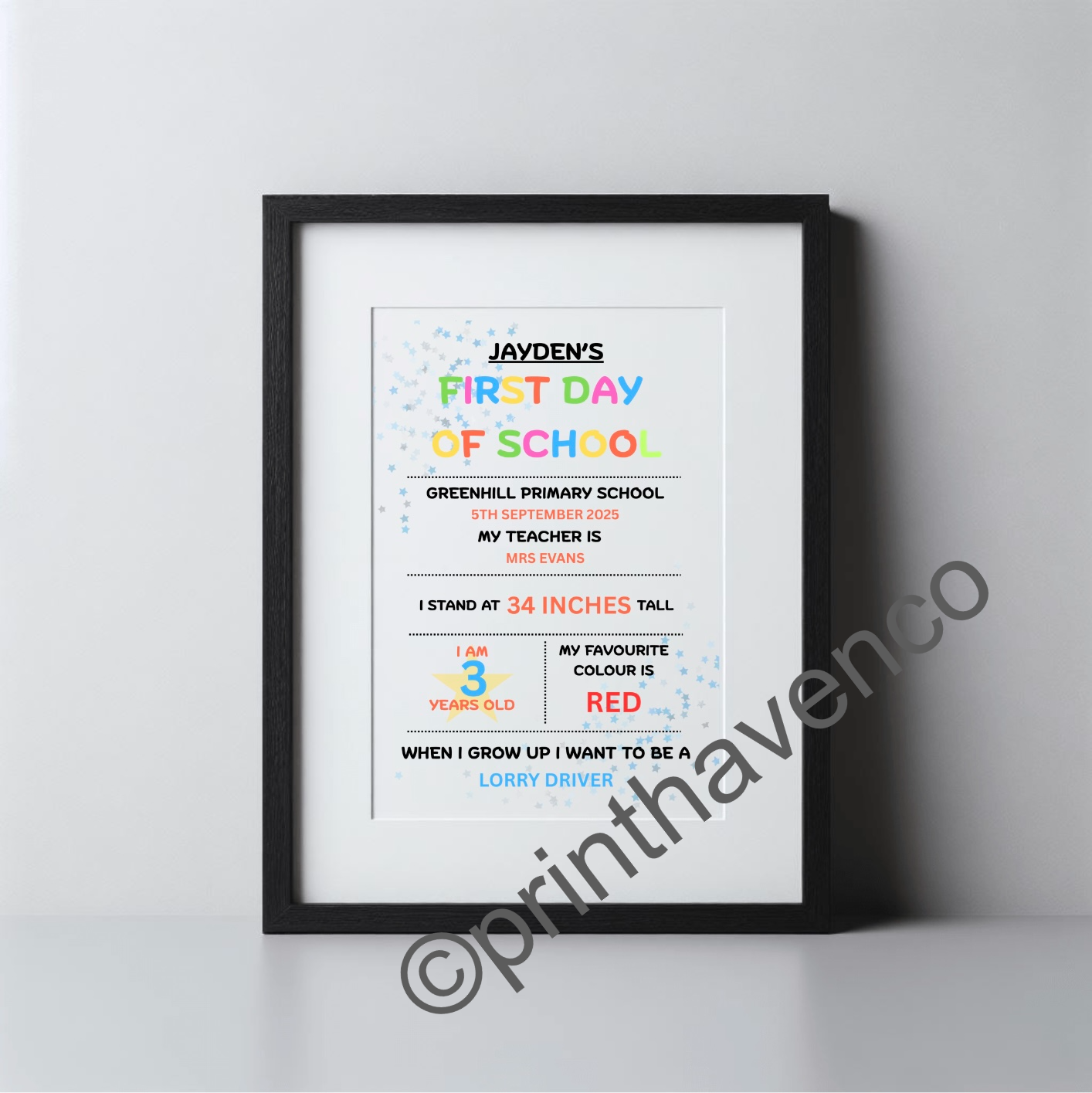 FIRST DAY OF SCHOOL - Personalised Print (Unframed Print)