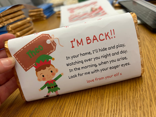Personalised ‘I’m back’ chocolate bar from elf