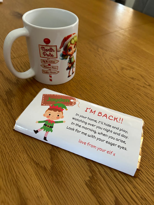 Elf Mug & Personalised Chocolate Bar Set