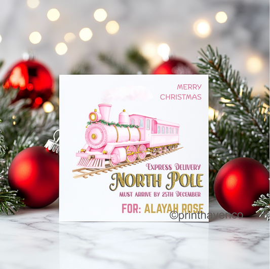 Pink North Pole Train Design Single Christmas Card