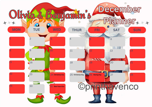 Santa and Elf December 2025 Planner