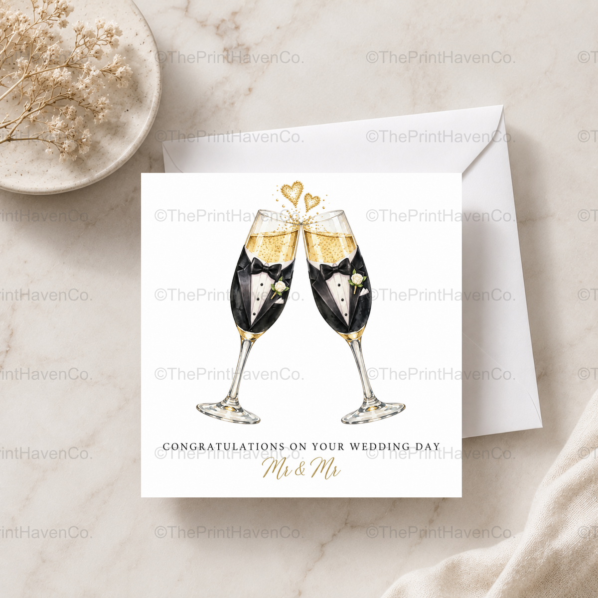 Mr & Mr Champagne Flute Wedding Card