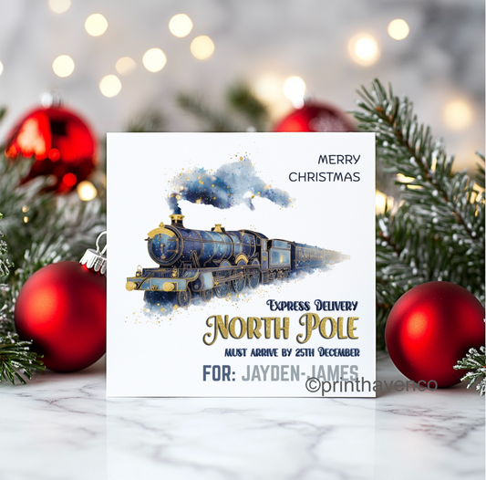 Navy North Pole Train Design Single Christmas Card