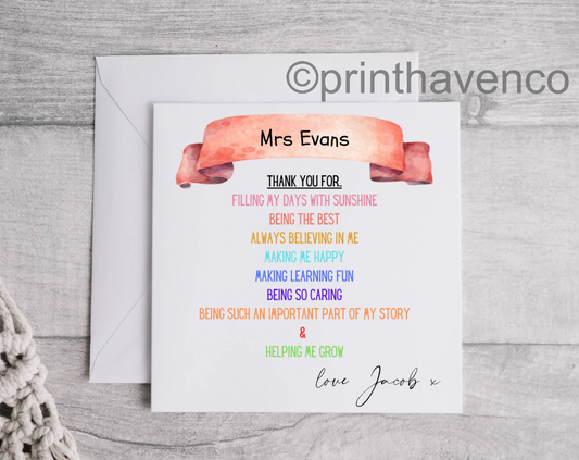 ‘Thank you for’ Teacher Card