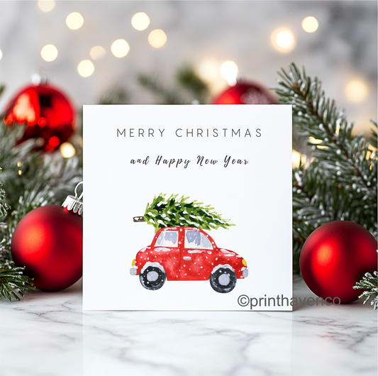 Car With Tree Design Christmas Cards - Pack of 10