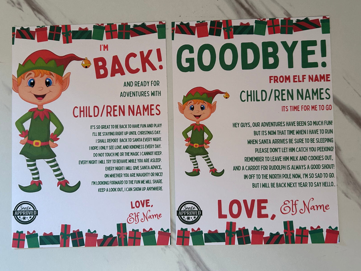 Personalised Naughty Elf Im back & Goodbye Letter set.