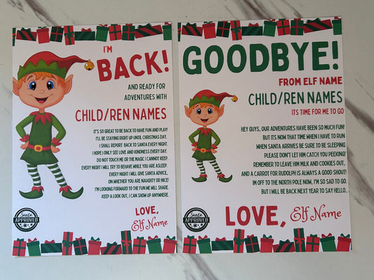 Personalised Naughty Elf Im back & Goodbye Letter set.
