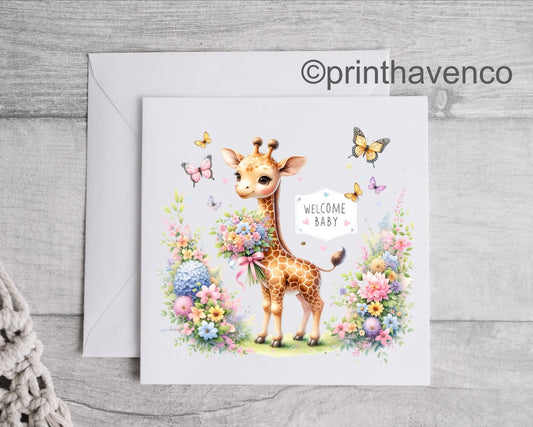 Welcome Baby Floral Giraffe Card