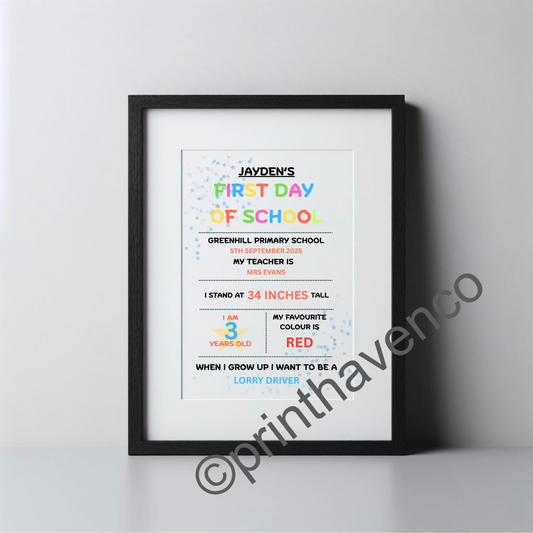 FIRST DAY OF SCHOOL - Personalised Print (Unframed Print)