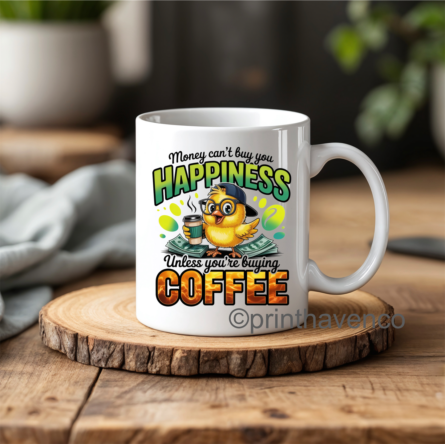 Money can’t buy happiness comic mug